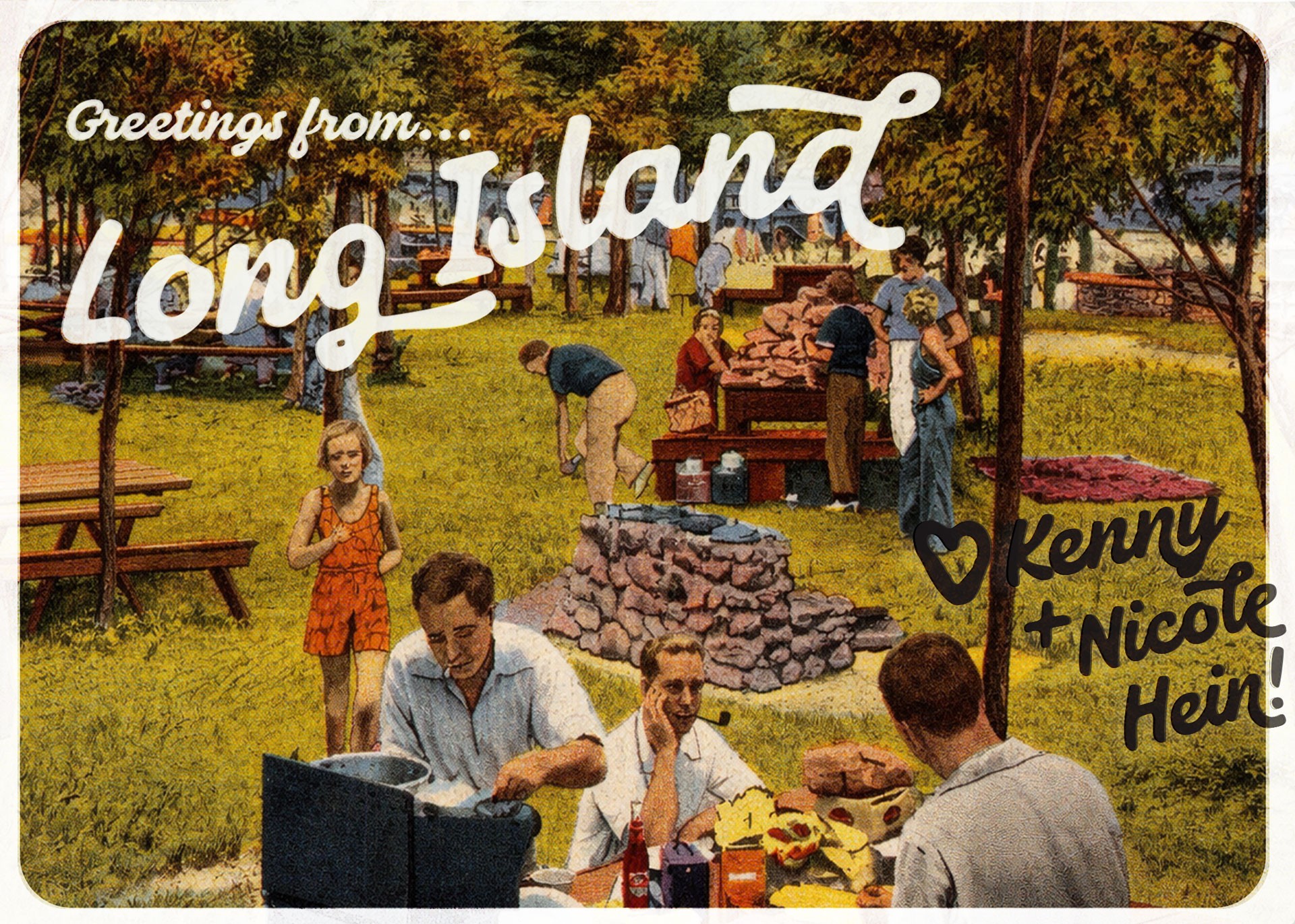 vintage postcard reading "Greetings from Long Island"